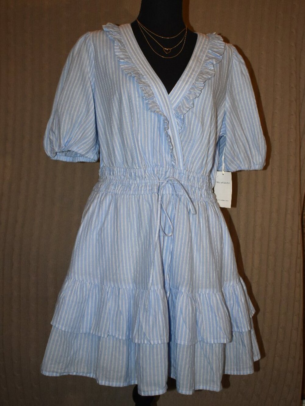 Free Assembly Med Blue White Stripe Ruffle Mini Dress with Short Puff Sleeves